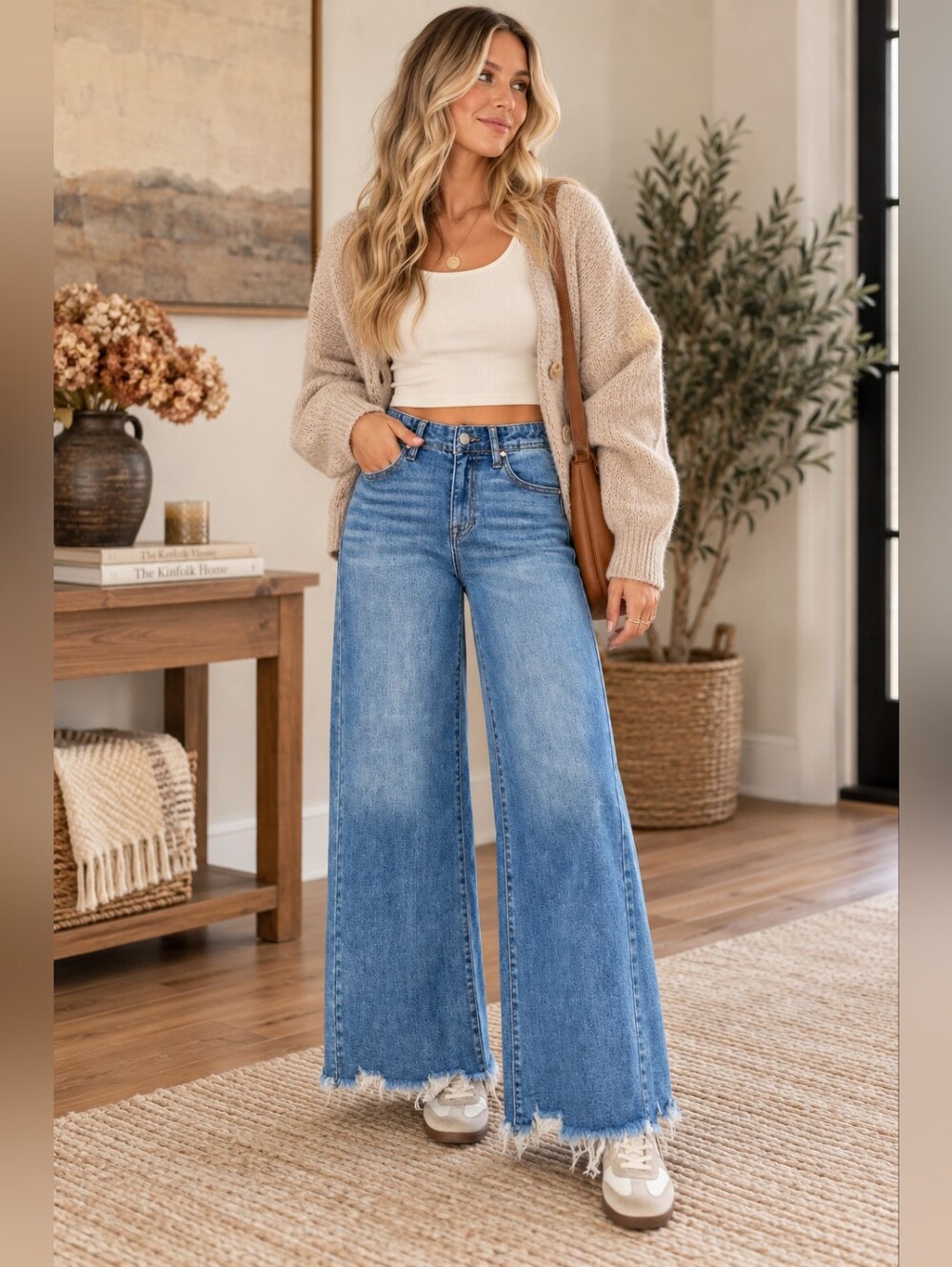 RISEN Women's Wide Leg Palazzo Jeans Distressed Hems Stretch HR Medium 7/28 NEW